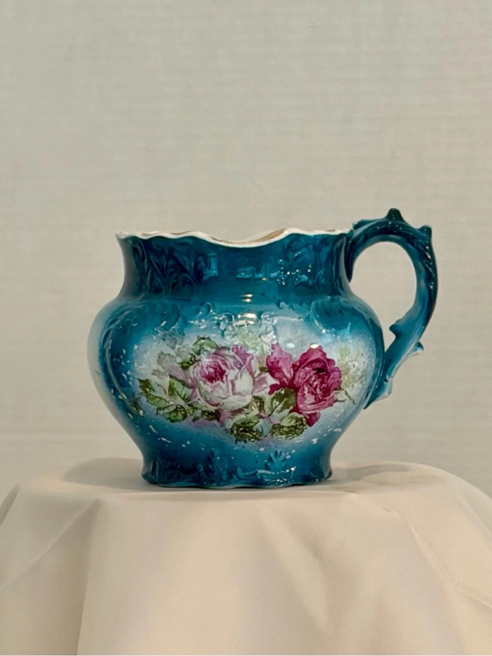Vintage Turquoise Ironstone Creamer with Pink Rose Motif